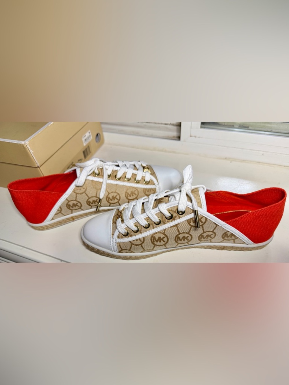 Michael Kors Kristy Slide Espadrille Sneakers 9.5 Womens MK Logo Jaquard/Mand - Picture 15 of 15